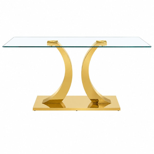 English Elm Modern Rectangular Tempered Glass Dining Table with Gold Stainless Steel Sculptural Base Seats 8 W2920S00178