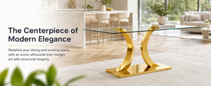 English Elm Modern Rectangular Tempered Glass Dining Table with Gold Stainless Steel Sculptural Base Seats 8 W2920S00178
