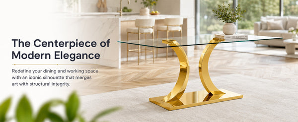 English Elm Modern Rectangular Tempered Glass Dining Table with Gold Stainless Steel Sculptural Base Seats 8 W2920S00178