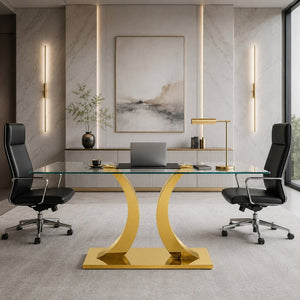 English Elm Modern Rectangular Tempered Glass Dining Table with Gold Stainless Steel Sculptural Base Seats 8 W2920S00178