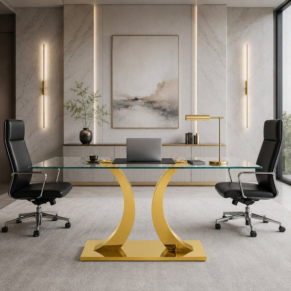 English Elm Modern Rectangular Tempered Glass Dining Table with Gold Stainless Steel Sculptural Base Seats 8 W2920S00178