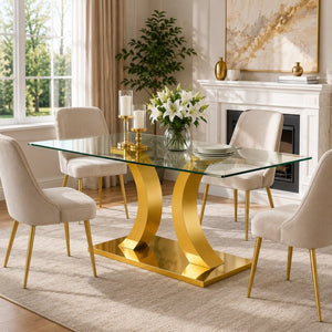 English Elm Modern Rectangular Tempered Glass Dining Table with Gold Stainless Steel Sculptural Base Seats 8 W2920S00178