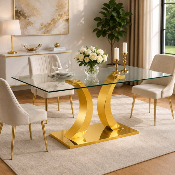 English Elm Modern Rectangular Tempered Glass Dining Table with Gold Stainless Steel Sculptural Base Seats 8 W2920S00178