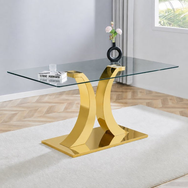 English Elm Modern Rectangular Tempered Glass Dining Table with Gold Stainless Steel Sculptural Base Seats 8 W2920S00178