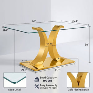 English Elm Modern Rectangular Tempered Glass Dining Table with Gold Stainless Steel Sculptural Base Seats 8 W2920S00178