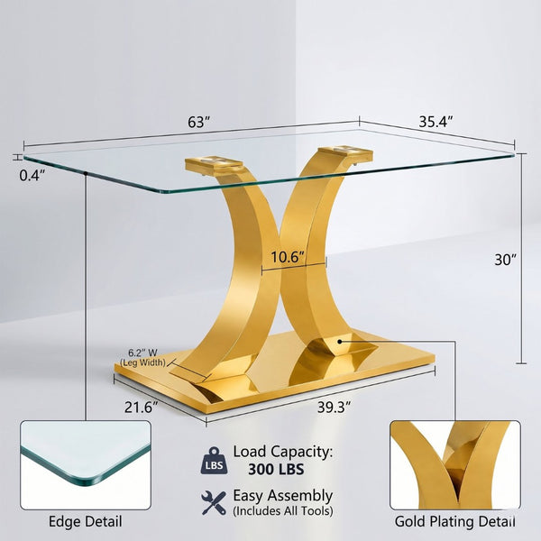 English Elm Modern Rectangular Tempered Glass Dining Table with Gold Stainless Steel Sculptural Base Seats 8 W2920S00178