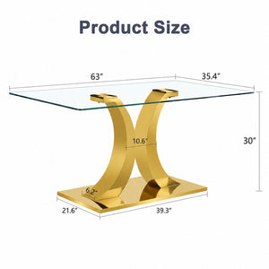 English Elm Modern Rectangular Tempered Glass Dining Table with Gold Stainless Steel Sculptural Base Seats 8 W2920S00178