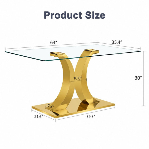 English Elm Modern Rectangular Tempered Glass Dining Table with Gold Stainless Steel Sculptural Base Seats 8 W2920S00178