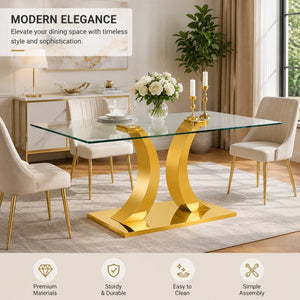 English Elm Modern Rectangular Tempered Glass Dining Table with Gold Stainless Steel Sculptural Base Seats 8 W2920S00178