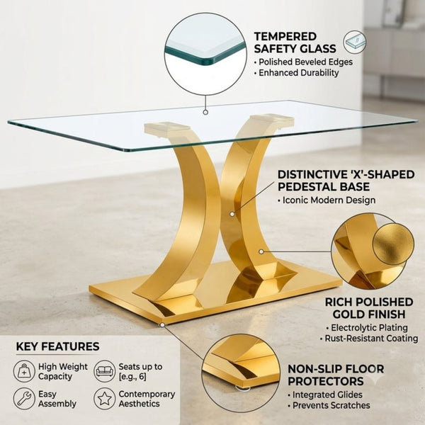 English Elm Modern Rectangular Tempered Glass Dining Table with Gold Stainless Steel Sculptural Base Seats 8 W2920S00178