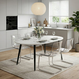 English Elm Pull Extendable Round Dining Set White Mdf Top Black Metal Legs Four Acrylic Chairs W2920S00180
