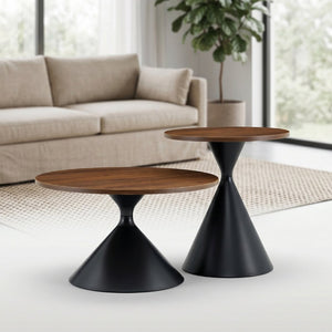English Elm 2-piece Nesting Round Coffee Table Set Walnut Top Sculptural Steel Base Living Room Black + Walnut W2920S00182