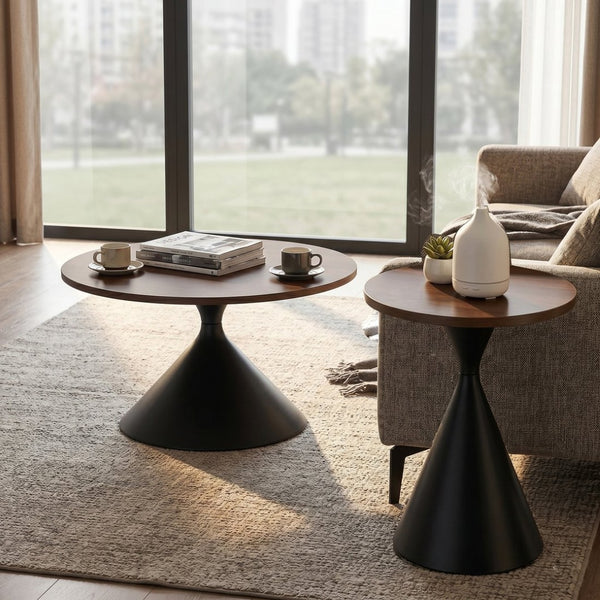 English Elm 2-piece Nesting Round Coffee Table Set Walnut Top Sculptural Steel Base Living Room Black + Walnut W2920S00182