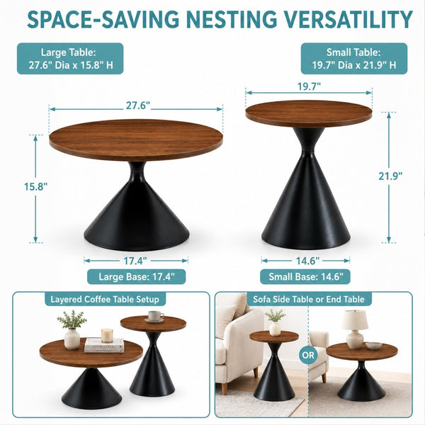 English Elm 2-piece Nesting Round Coffee Table Set Walnut Top Sculptural Steel Base Living Room Black + Walnut W2920S00182