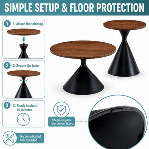English Elm 2-piece Nesting Round Coffee Table Set Walnut Top Sculptural Steel Base Living Room Black + Walnut W2920S00182