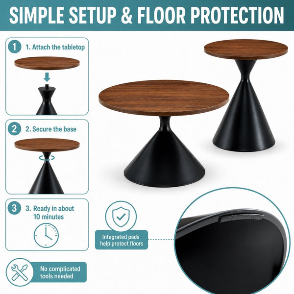 English Elm 2-piece Nesting Round Coffee Table Set Walnut Top Sculptural Steel Base Living Room Black + Walnut W2920S00182