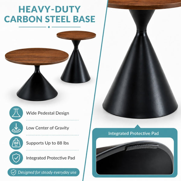 English Elm 2-piece Nesting Round Coffee Table Set Walnut Top Sculptural Steel Base Living Room Black + Walnut W2920S00182
