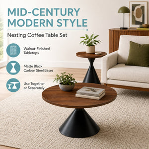 English Elm 2-piece Nesting Round Coffee Table Set Walnut Top Sculptural Steel Base Living Room Black + Walnut W2920S00182