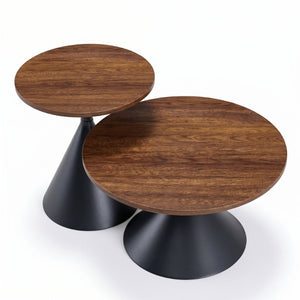 English Elm 2-piece Nesting Round Coffee Table Set Walnut Top Sculptural Steel Base Living Room Black + Walnut W2920S00182