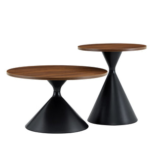 English Elm 2-piece Nesting Round Coffee Table Set Walnut Top Sculptural Steel Base Living Room Black + Walnut W2920S00182