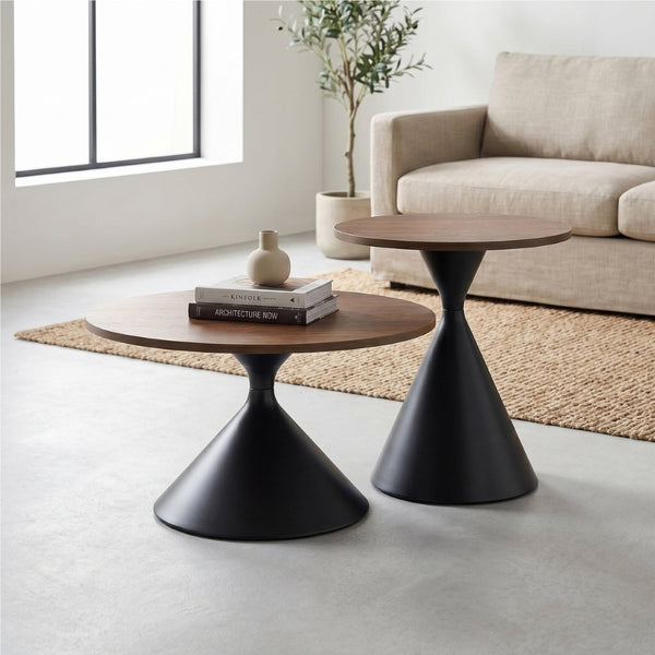 English Elm 2-piece Nesting Round Coffee Table Set Walnut Top Sculptural Steel Base Living Room Black + Walnut W2920S00182