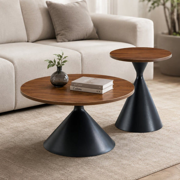 English Elm 2-piece Nesting Round Coffee Table Set Walnut Top Sculptural Steel Base Living Room Black + Walnut W2920S00182