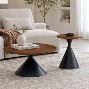 English Elm 2-piece Nesting Round Coffee Table Set Walnut Top Sculptural Steel Base Living Room Black + Walnut W2920S00182