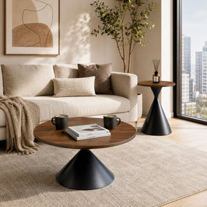 English Elm 2-piece Nesting Round Coffee Table Set Walnut Top Sculptural Steel Base Living Room Black + Walnut W2920S00182