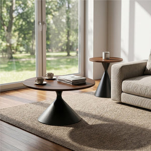 English Elm 2-piece Nesting Round Coffee Table Set Walnut Top Sculptural Steel Base Living Room Black + Walnut W2920S00182