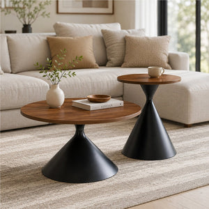 English Elm 2-piece Nesting Round Coffee Table Set Walnut Top Sculptural Steel Base Living Room Black + Walnut W2920S00182