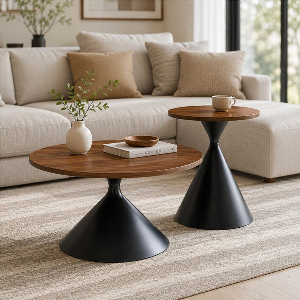 English Elm 2-piece Nesting Round Coffee Table Set Walnut Top Sculptural Steel Base Living Room Black + Walnut W2920S00182