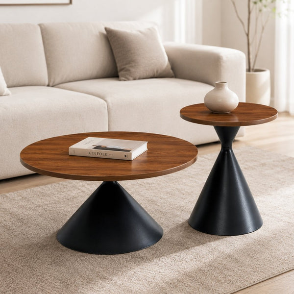 English Elm 2-piece Nesting Round Coffee Table Set Walnut Top Sculptural Steel Base Living Room Black + Walnut W2920S00182