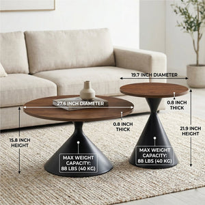 English Elm 2-piece Nesting Round Coffee Table Set Walnut Top Sculptural Steel Base Living Room Black + Walnut W2920S00182