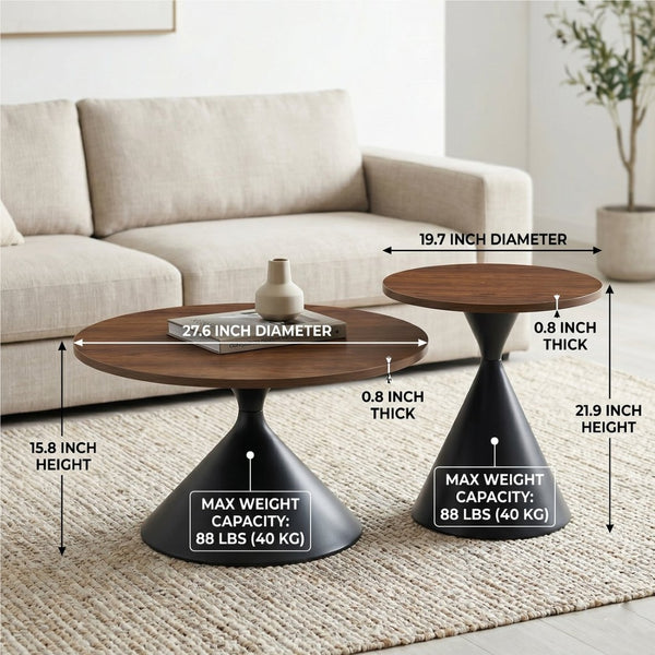 English Elm 2-piece Nesting Round Coffee Table Set Walnut Top Sculptural Steel Base Living Room Black + Walnut W2920S00182