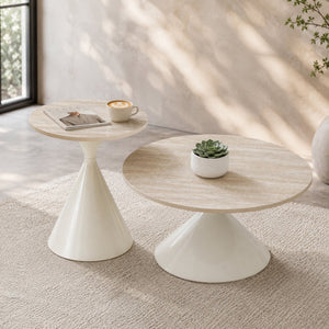 English Elm 2-piece Nesting Round Coffee Table Set Walnut Top Sculptural Steel Base Living Room White W2920S00183