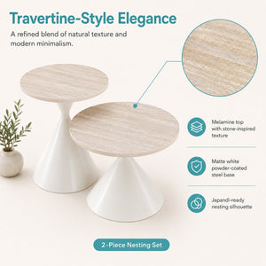 English Elm 2-piece Nesting Round Coffee Table Set Walnut Top Sculptural Steel Base Living Room White W2920S00183