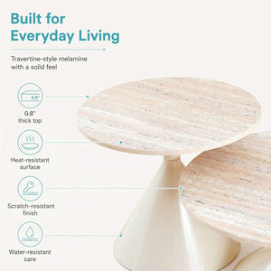 English Elm 2-piece Nesting Round Coffee Table Set Walnut Top Sculptural Steel Base Living Room White W2920S00183