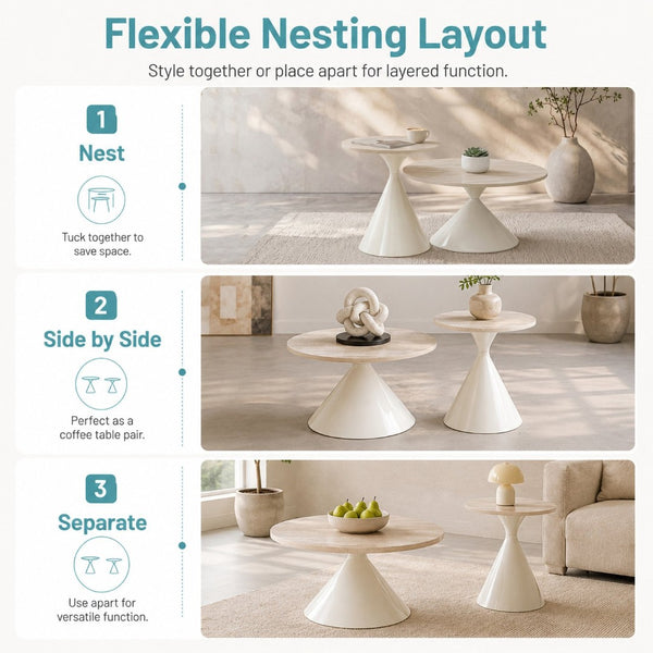 English Elm 2-piece Nesting Round Coffee Table Set Walnut Top Sculptural Steel Base Living Room White W2920S00183