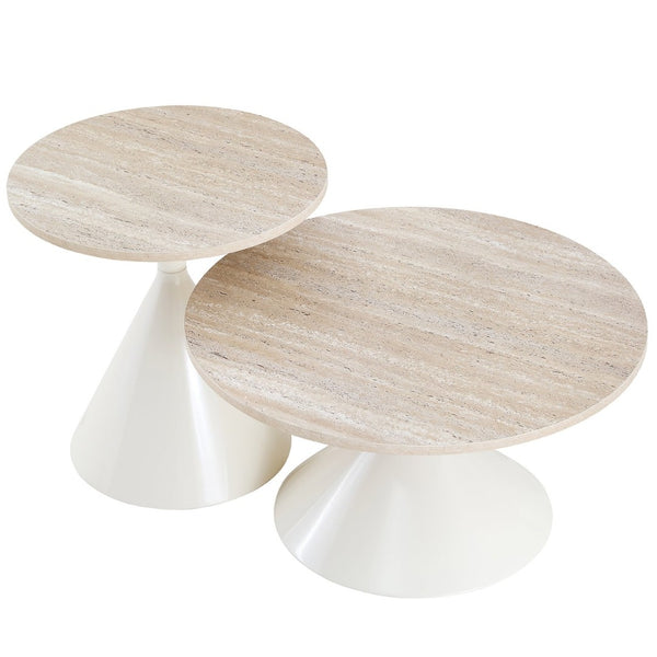 English Elm 2-piece Nesting Round Coffee Table Set Walnut Top Sculptural Steel Base Living Room White W2920S00183