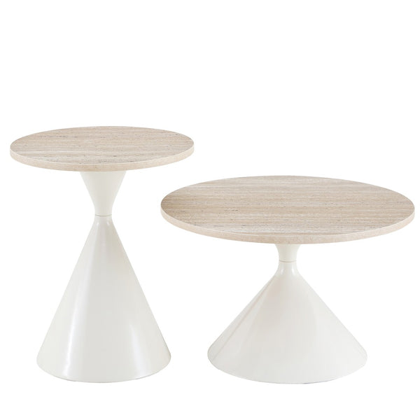 English Elm 2-piece Nesting Round Coffee Table Set Walnut Top Sculptural Steel Base Living Room White W2920S00183