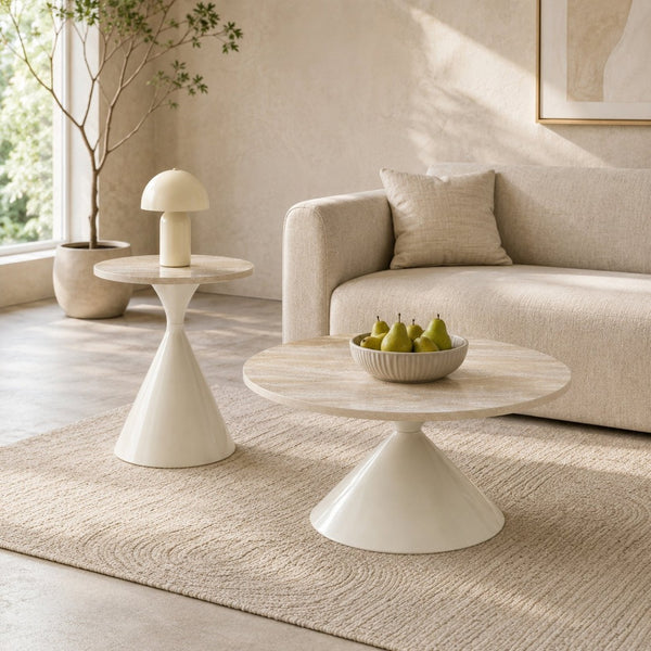 English Elm 2-piece Nesting Round Coffee Table Set Walnut Top Sculptural Steel Base Living Room White W2920S00183