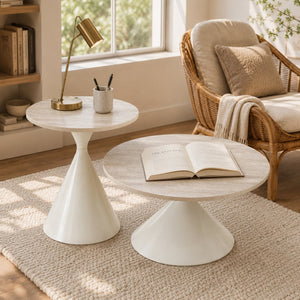 English Elm 2-piece Nesting Round Coffee Table Set Walnut Top Sculptural Steel Base Living Room White W2920S00183