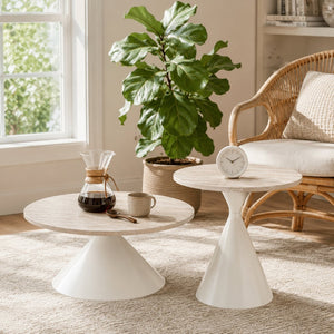English Elm 2-piece Nesting Round Coffee Table Set Walnut Top Sculptural Steel Base Living Room White W2920S00183