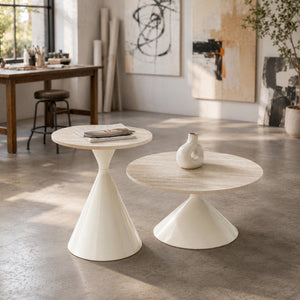 English Elm 2-piece Nesting Round Coffee Table Set Walnut Top Sculptural Steel Base Living Room White W2920S00183