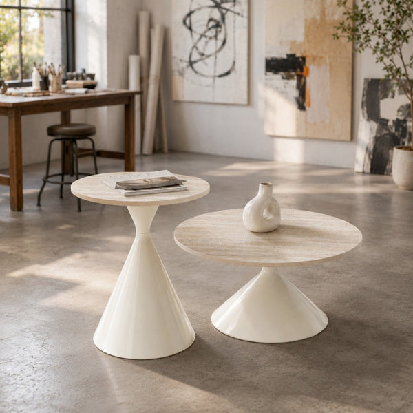 English Elm 2-piece Nesting Round Coffee Table Set Walnut Top Sculptural Steel Base Living Room White W2920S00183