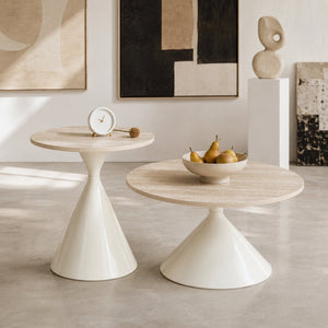 English Elm 2-piece Nesting Round Coffee Table Set Walnut Top Sculptural Steel Base Living Room White W2920S00183