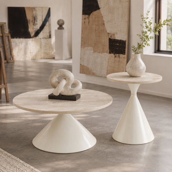 English Elm 2-piece Nesting Round Coffee Table Set Walnut Top Sculptural Steel Base Living Room White W2920S00183