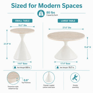 English Elm 2-piece Nesting Round Coffee Table Set Walnut Top Sculptural Steel Base Living Room White W2920S00183