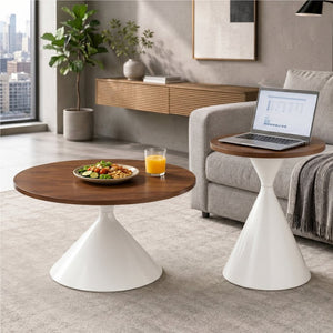English Elm 2-piece Nesting Round Coffee Table Set Walnut Top Sculptural Steel Base Living Room White + Walnut W2920S00184