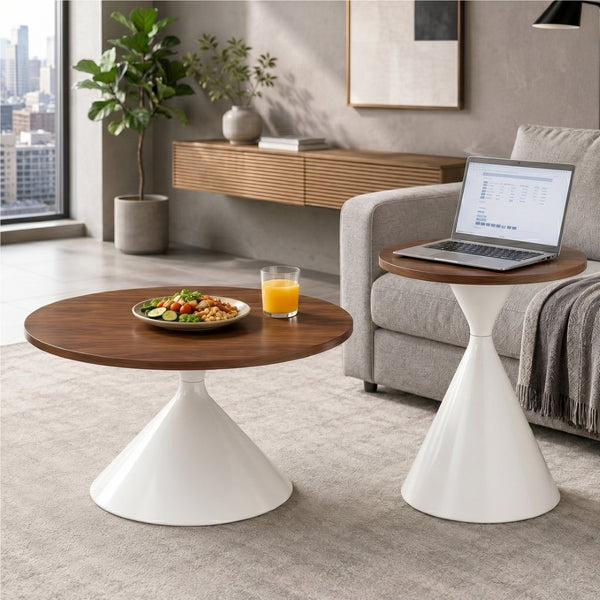 English Elm 2-piece Nesting Round Coffee Table Set Walnut Top Sculptural Steel Base Living Room White + Walnut W2920S00184